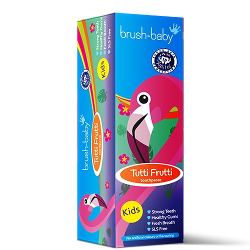 Brush Baby - Паста зубная детская (3-6 года) 50 мл (мультифрукт) Tutti Frutti Toothpaste (Фламинго) - (В КОРОБКЕ).