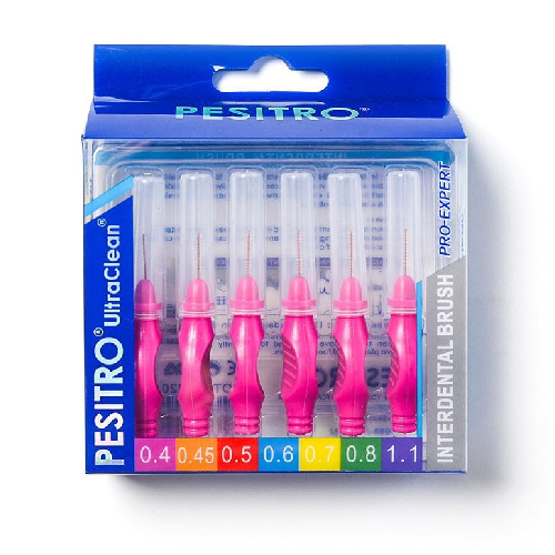 Межзубные щетки (ершики) для чистки зубов с прорезиненной ручкой PESITRO (0,4 мм розов., 6 шт. в упак)