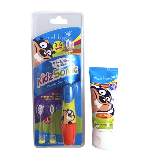 Комплект Brush-Baby TuttiFrutti 3-6 лет, 50 мл + Brush Baby (3-6 лет) KidzSonic (голубая)