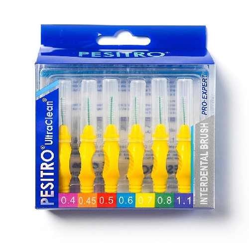 Межзубные щетки (ершики) для чистки зубов с прорезиненной ручкой PESITRO (0,7 мм желт., 6 шт. в упак)