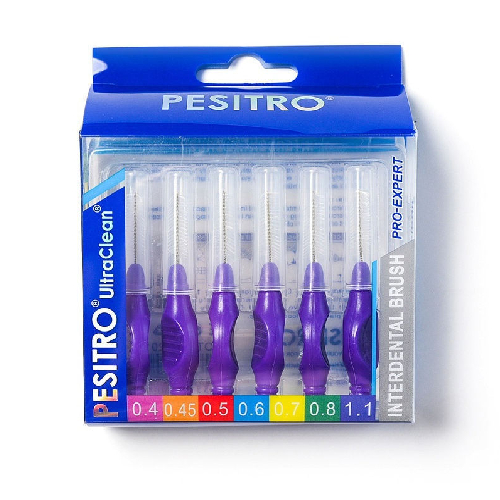 Межзубные щетки (ершики) для чистки зубов с прорезиненной ручкой PESITRO (1,1 мм фиол., 6 шт. в упак)