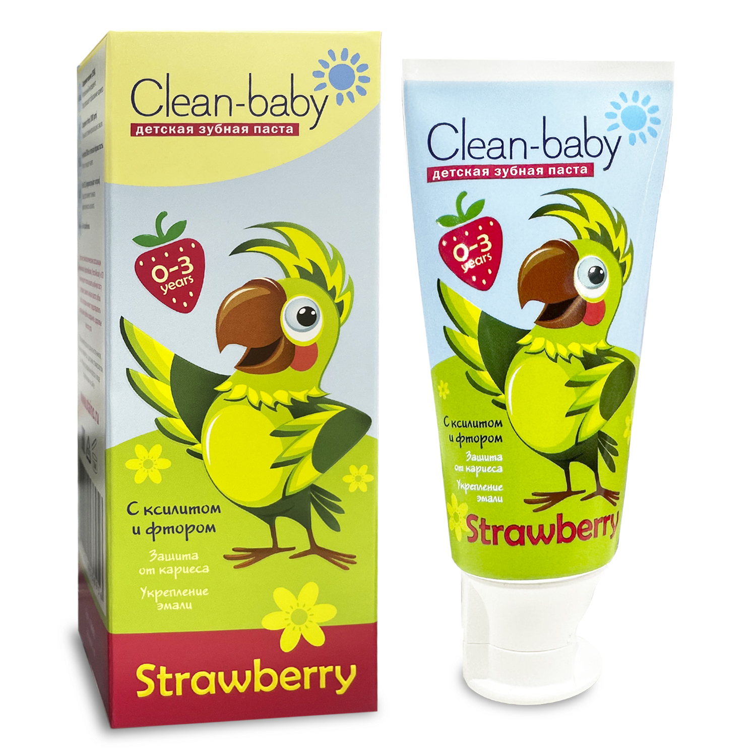 Детская зубная паста Clean-baby Клубника 0-3 года, 50 мл + Зубная щетка Clean-Baby Попугай 0-3 лет | фото