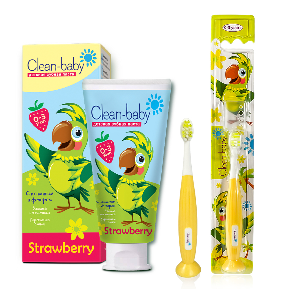 Детская зубная паста Clean-baby Клубника 0-3 года, 50 мл + Зубная щетка Clean-Baby Попугай 0-3 лет | фото