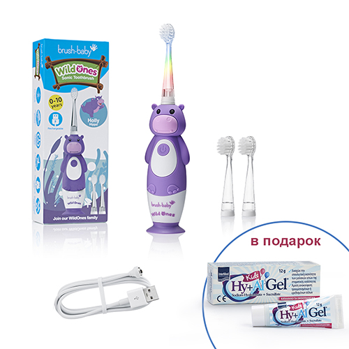 Brush-Baby Sonic WildOnes звуковая зубная щетка Бегемот 0-10 лет + Подарок (детский гель для лечения стоматита) | фото