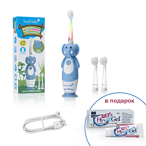 Brush-Baby Sonic WildOnes звуковая зубная щетка Слон 0-10 лет + Подарок (детский гель для лечения стоматита) | фото