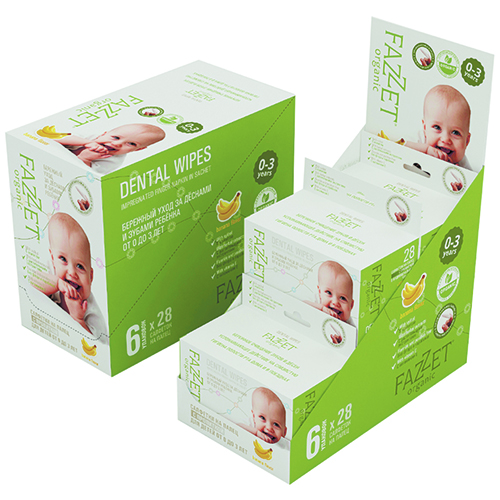 Fazzet-organic Dental Wipes детские салфетки с пропиткой для полости рта 0-3 года, дисплей-бокс 6 х 28 шт. | фото