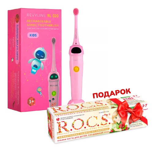 Revyline RL 020 Kids электрическая з/щ, розовая + ПОДАРОК (ROCS KIDS Зубная паста для детей БАРБАРИС (без фтора), 45 гр)